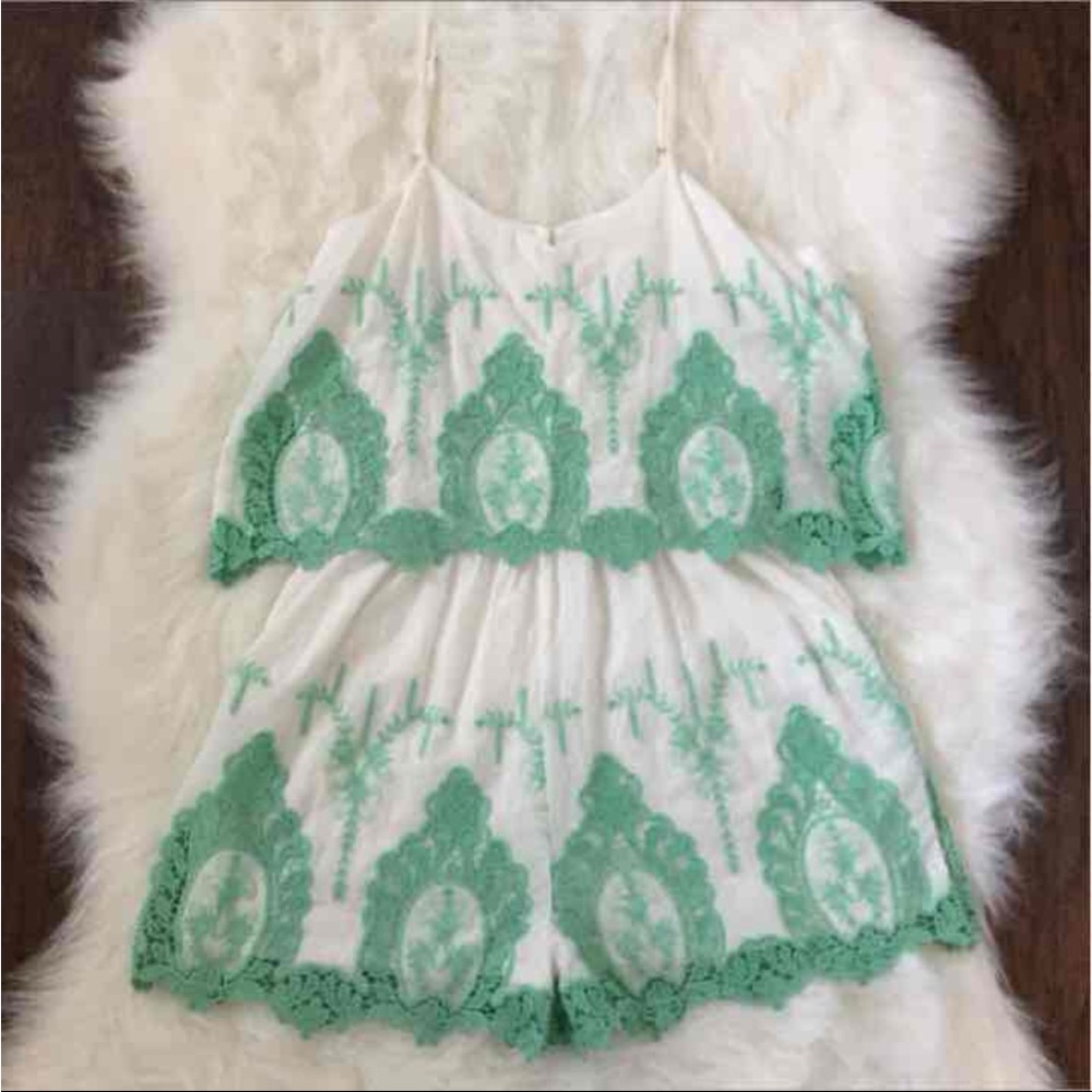Elegant Green and White Lace Romper